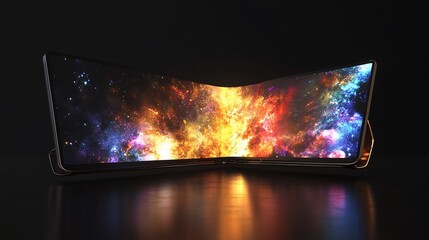 Poster - Futuristic foldable phone with a galaxy design displayed on the curved screen on dark background