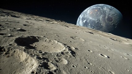 Wall Mural - Close-up of moon's surface with dust and debris, asteroids, planetary features, space exploration, space rocks