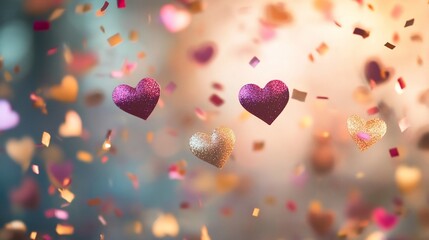 Poster - Floating Glittery Hearts and Confetti on a Blurred Background for Love or Celebration