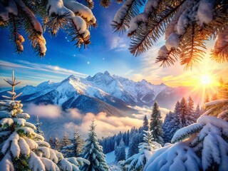 Wall Mural - Majestic Snowy Pines & Mountain Panorama: Double Exposure Stock Photo