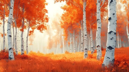 Wall Mural - Sunlight filtering through foggy autumn birch forest