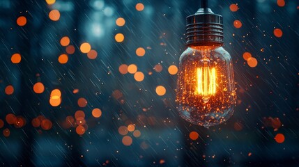 Wall Mural - Lighted bulb hangs, blurred bokeh lights background