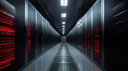Poster - Server racks emitting red light illuminating modern data center corridor