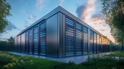 Poster - Modern data center building illuminating the surrounding nature at sunset