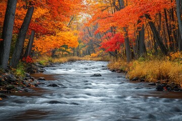 A gently flowing river through an autumn forest, where the fall foliage is ablaze with reds, oranges, and yellows, creating a picturesque and peaceful scene.