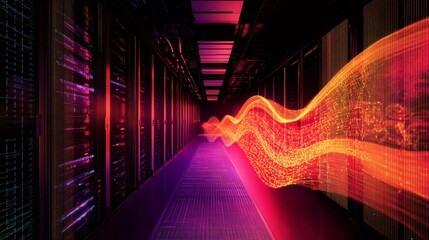 Poster - Digital wave flowing through futuristic server room corridor