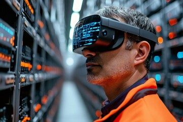 Poster - IT specialist wearing virtual reality headset and working in server room