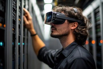 Poster - Technician using vr headset checking servers in a data center
