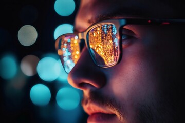 Close up of a man wearing glasses reflecting the city lights at night, creating a futuristic and evocative atmosphere