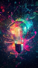 Wall Mural - Colorful lightbulb idea with abstract energy and vibrant paint streaks