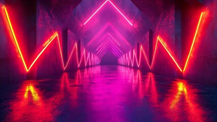 Poster - Cyberpunk hallway with neon zigzag lighting along dark industrial walls, reflecting on the wet floor for a futuristic ambiance