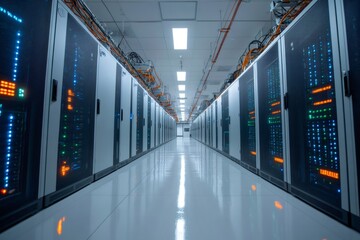 Poster - Server Room Corridor with Blinking Lights in Data Center