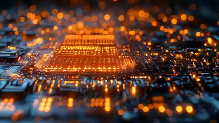 Poster - High-tech computer chip with glowing orange circuits, symbolizing advanced computing