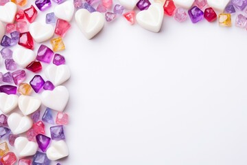 Poster - Decorative border made of white hearts and colorful crystals on a white background, creating a romantic and festive atmosphere