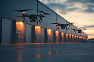 Poster - Drones flying and delivering packages at warehouse at sunset