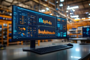 Poster - Computer showing graphs and statistics about warehouse logistics and production management