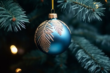 Poster - Christmas ball with golden decorations hanging on a christmas tree with blurred lights