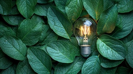 Wall Mural - Lit bulb amidst leaves. Idea concept, energy saving use