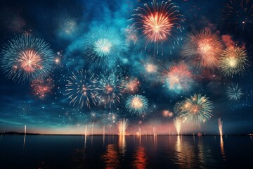 Poster - colorful fireworks exploding over a lake at night, creating a stunning reflection on the water