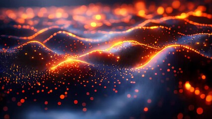 Poster - Abstract glowing wave of orange particles on a dark surface, creating a futuristic and technological aesthetic