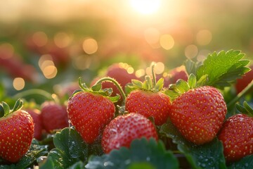 Wall Mural - Ripe strawberries growing in a field at sunset