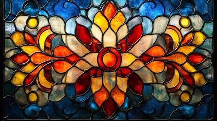 Poster - Colorful stained glass window depicting floral patterns creating a mesmerizing kaleidoscope of light and color