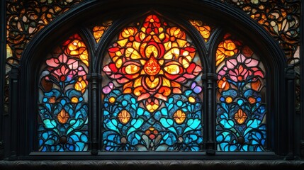 Poster - Beautiful stained glass window depicting floral patterns with vivid colors illuminating a dark room