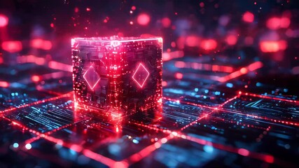 Poster - A futuristic digital blockchain cube glowing in a neon red cyber environment with tech elements