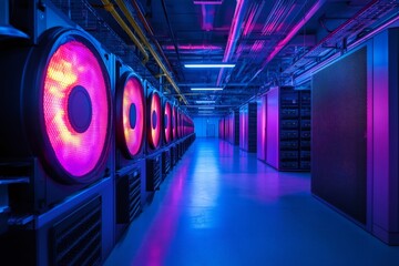 Poster - Powerful server cooling fans illuminating data center corridor