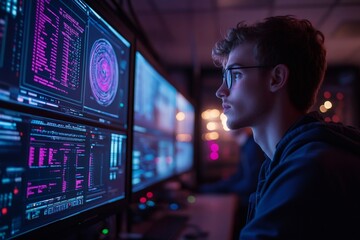 Poster - Software developer analyzing code on computer screens in modern office