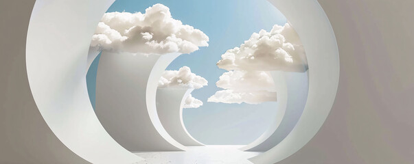 Poster - Panoramic view of an abstract spiral structure opening up to a sky with clouds