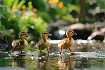 Aufkleber - Cute ducklings waddle through a refreshing puddle on a sunny day surrounded by greenery and sparkling water droplets