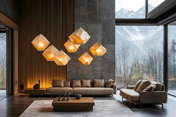 Poster - Modern lamps illuminating contemporary living room with mountain view