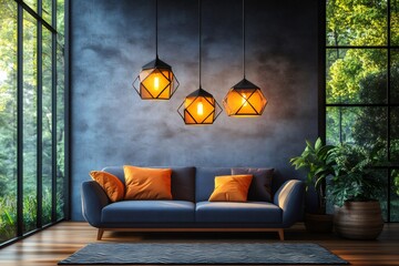 Poster - Modern living room with blue sofa and orange pillows illuminated by designer lamps