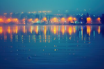 Aufkleber - City skyline illuminated at night with reflections on water, showcasing vibrant colors and tranquility
