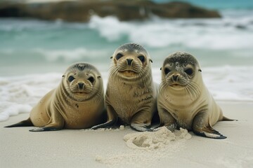 Poster - Two playful seals basking on a sandy beach under the sun, enjoying each other's company by the serene ocean shoreline