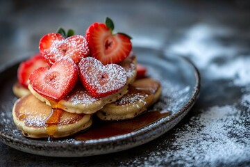 Wall Mural - Heart shaped strawberries topping delicious pancakes with maple syrup and powdered sugar