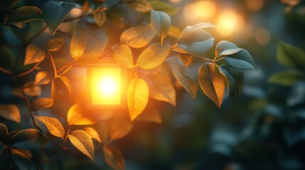 Canvas Print - Illuminated Lantern, Garden, Night, Warm Glow, Leaves, Festive, Background, Ambiance, Decoration, Design