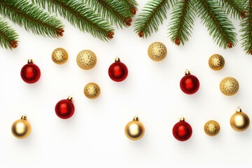 Poster - Christmas composition with fir tree branches and red and gold baubles on white background, flat lay, top view, copy space