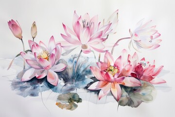 Wall Mural - Water lily arrangement showcasing delicate blooms in a tranquil setting with soft colors and gentle brush strokes