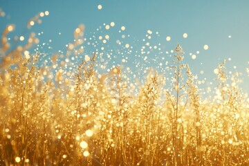 Aufkleber - Golden grass field shining under blue sky with bokeh effect