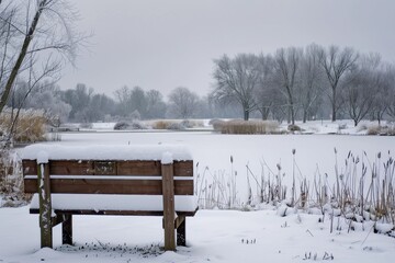 Poster - Snow-covered bench beside a frozen pond in a serene winter landscape, capturing the tranquility of a cold day in nature