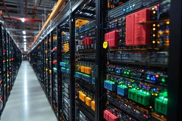 Poster - Server racks with blinking leds illuminating a modern data center corridor