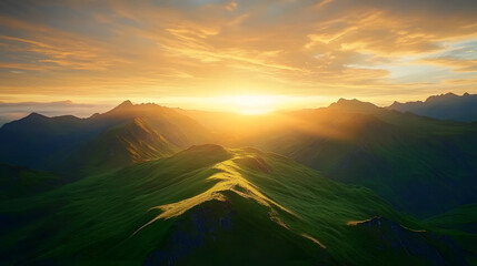 Wall Mural - breathtaking sunrise over green mountains, showcasing vibrant colors and serene nature, perfect for 