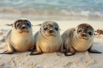 Poster - Two playful seals basking on a sandy beach under the sun, enjoying each other's company by the serene ocean shoreline