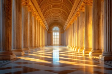 Poster - Golden sunlight illuminating elegant colonnade with marble floor