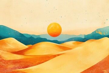 Wall Mural - Cosmic Desert World: A Journey Through a Yellow and Orange Sky in Graphic Art
