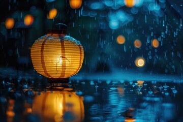 Aufkleber - Lantern glowing softly in the rain at night, creating a serene atmosphere with blurred lights in the background