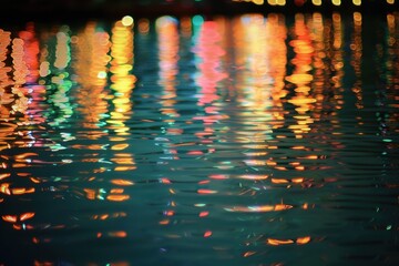 Aufkleber - City skyline illuminated at night with reflections on water, showcasing vibrant colors and tranquility