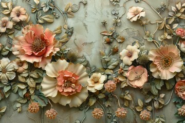 Poster - Intricate handmade flowers adorn a textured wall, creating a captivating display of floral artistry